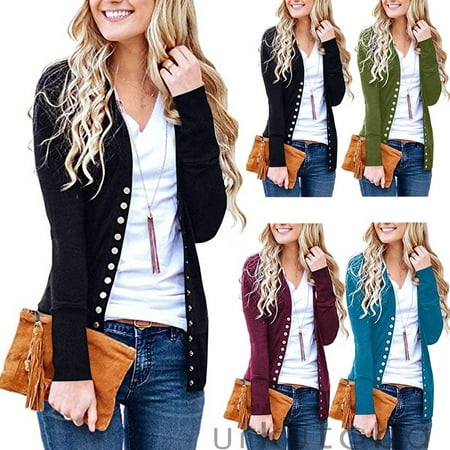 Sleeve Cardigan Knit Womens Low Sweater Snap V-Neck Cut Tops Long Down Button